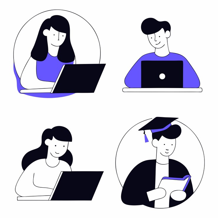 Estudiantes que utilizan computadoras portátiles para el aprendizaje y la graduación en línea