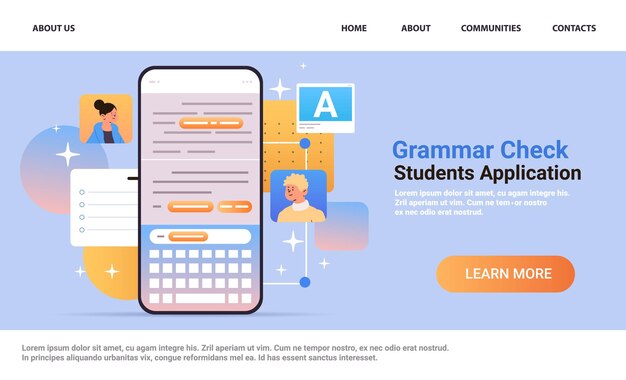 estudiantes que utilizan servicios en línea de corrección de texto y comprobación ortográfica en la aplicación de comprobación gramatical de la pantalla del teléfono inteligente