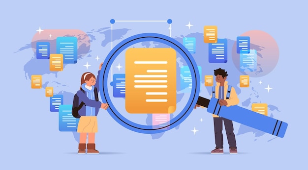 estudiantes de raza mixta con lupa investigación en línea aprendizaje electrónico concepto de educación a distancia horizontal