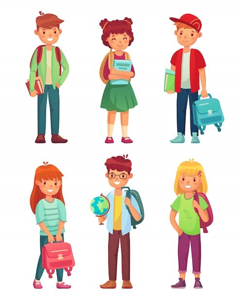 Vector estudiantes de secundaria. niños con globo, libros y mochila. conjunto de personajes de dibujos animados