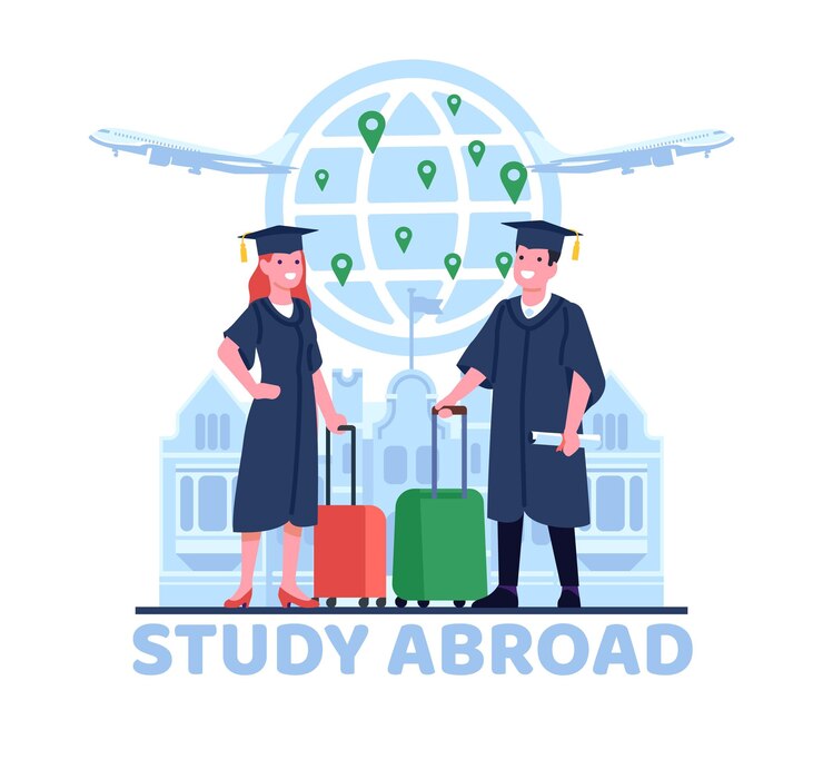 Vector estudiar en el extranjero y la educación global chico y chica estudiantes vuelan para estudiar en países extranjeros universidad internacional en todo el mundo el aprendizaje de dibujos animados estilo plano concepto vectorial aislado
