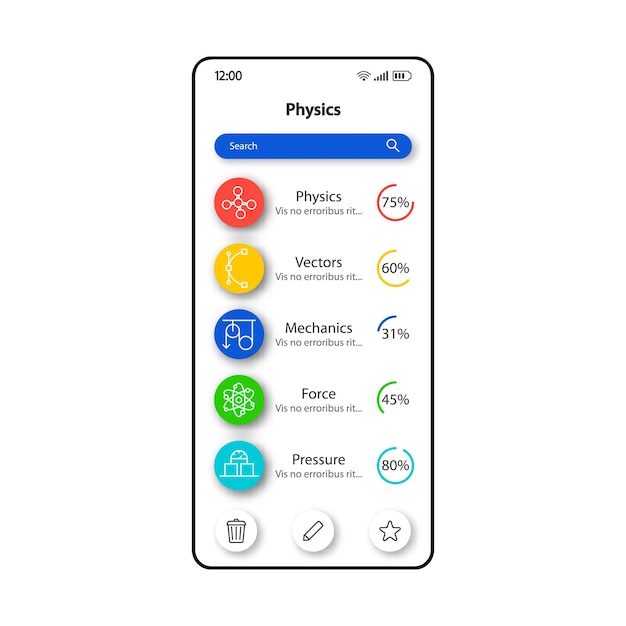 Estudiar la plantilla de vector de interfaz de teléfono inteligente de física. Diseño de página de aplicación móvil en blanco. Pantalla de ciencias físicas. Interfaz de usuario plana para la aplicación. Cubriendo la pantalla del teléfono del progreso del material educativo