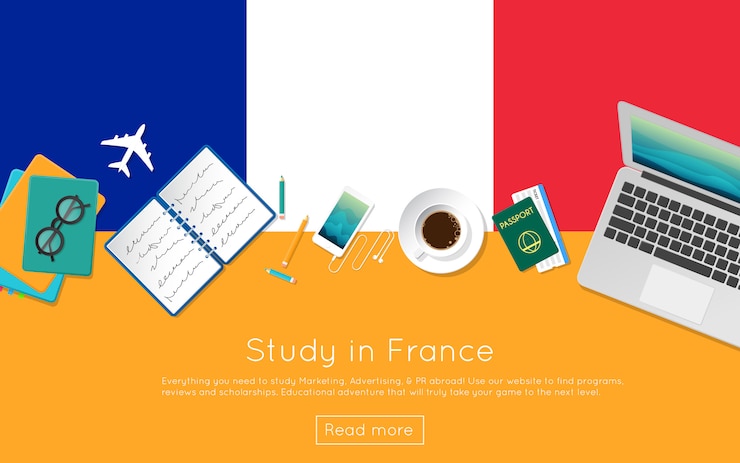 Vector estudie en francia el concepto para su banner web o materiales impresos. vista superior de una computadora portátil, libros y taza de café en la bandera nacional. estudio de estilo plano en el extranjero encabezado del sitio web.