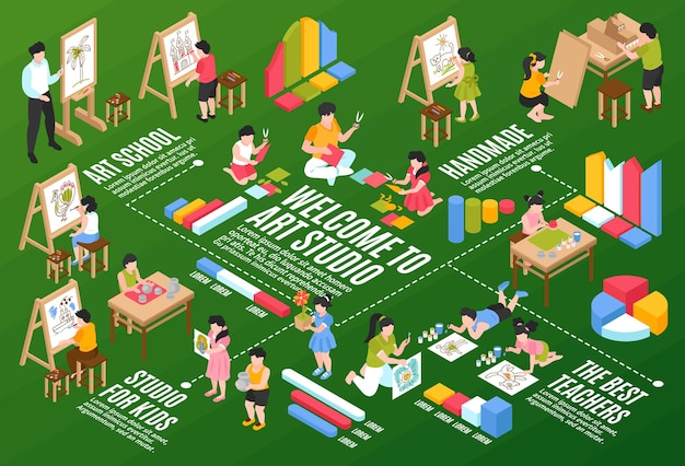 estudio de arte isométrico con ilustración de personas