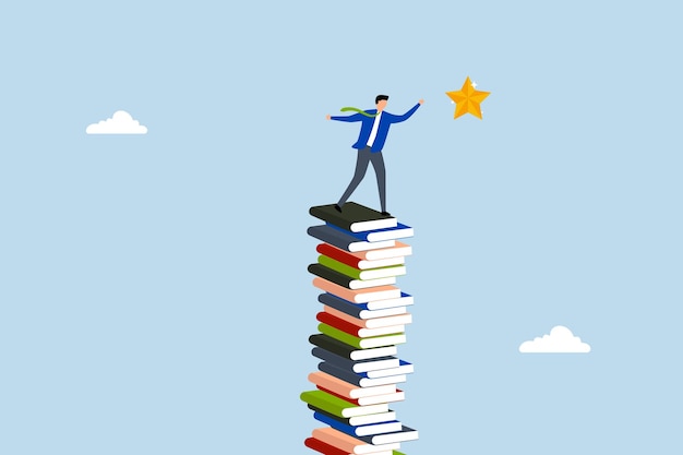 estudio ayuda a alcanzar la meta y el éxito empresario inteligente sube pila de libros para lograr el objetivo