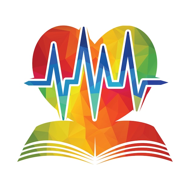 Estudio del concepto de logotipo de Cardiología Combinación de latidos cardíacos con libro