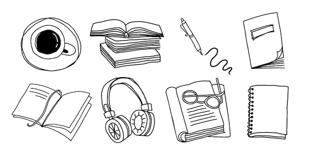 Estudio conjunto estético pila de libros café auriculares línea arte vector ilustración