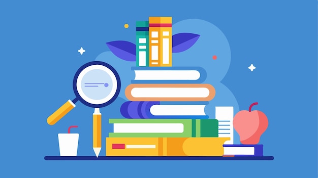 Estudio detallado Una pila de libros Una lupa y un lápiz
