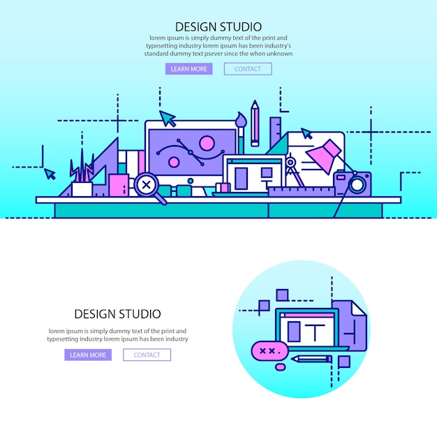 Estudio de diseño establecido en página de aterrizaje de ilustración vectorial de diseño plano