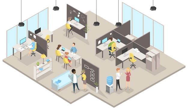 Estudio de diseño de oficina en isometría con personas que trabajan.