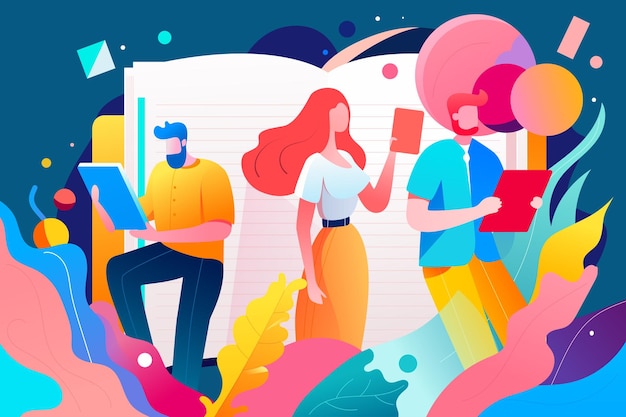 Estudio en equipo con libros y plantas en la ilustración de vector de fondo
