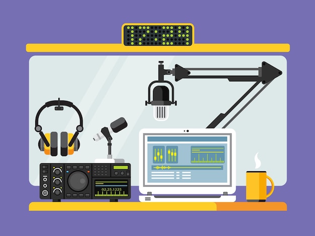 Vector estudio de estación de radio profesional con micrófonos y auriculares.