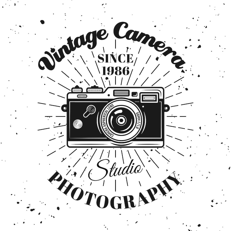 Vector estudio fotográfico vector emblema, etiqueta, insignia o logotipo con cámara y rayos retro en estilo monocromo aislado sobre fondo texturizado