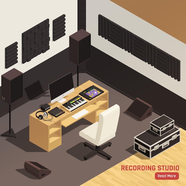 Vector estudio de grabación de dj composición isométrica interior con monitores controlador mesa de mezclas tratamiento acústico auriculares equipo ilustración