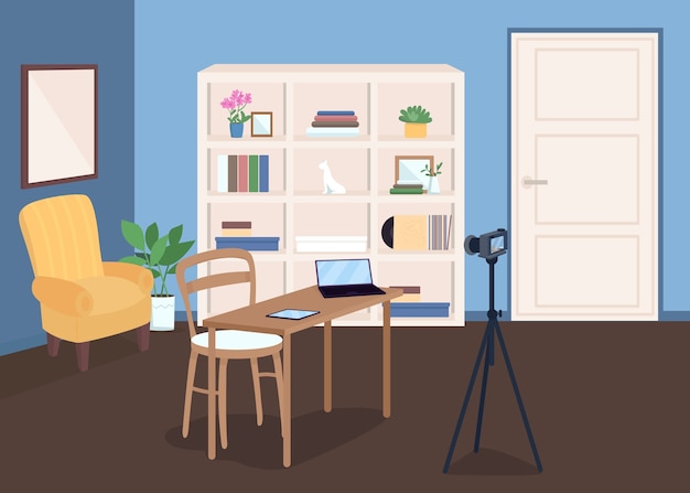 Estudio para grabación de video ilustración en color plano. Transmisión en vivo. Revisión de electrónica de tiro con cámara. Lugar de trabajo de vlogger. Habitación interior de dibujos animados 2D con muebles en el fondo
