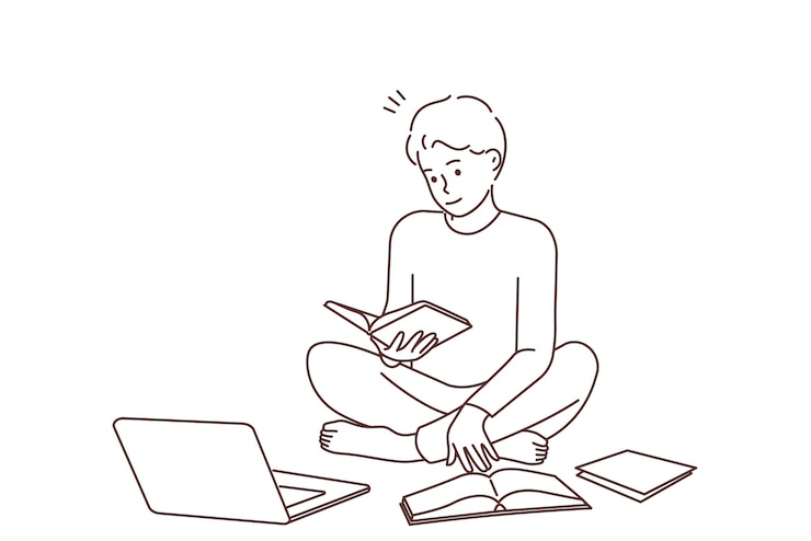Vector estudio de hombre con libros y laptop.