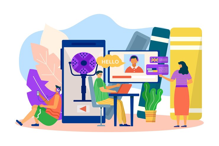Vector estudio del idioma inglés en línea, ilustración vectorial. hombre, mujer, gente, carácter, uso, tecnología, para, internet, educación, aprender, extranjero