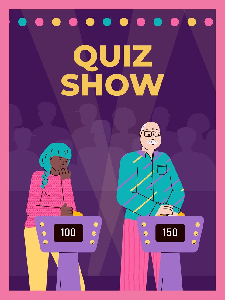 Vector estudio con jugadores adivinando preguntas de cuestionario en un programa de televisión una ilustración