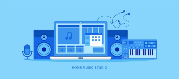 Estudio de música en casa, producción y grabación de música, ilustración vectorial Productor, músico, compositor