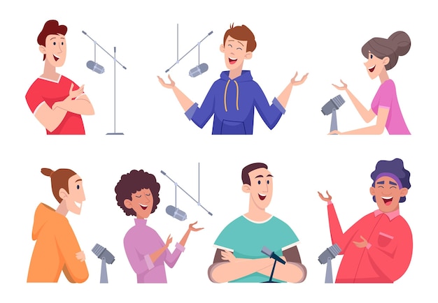 Estudio de podcast Personajes diálogo audio micrófono entrevista auriculares transmisión de radio personas planas vectoriales exactas en estilo de dibujos animados