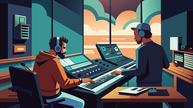 Vector en un estudio de producción musical un productor trabaja con un artista para crear un álbum completamente digital