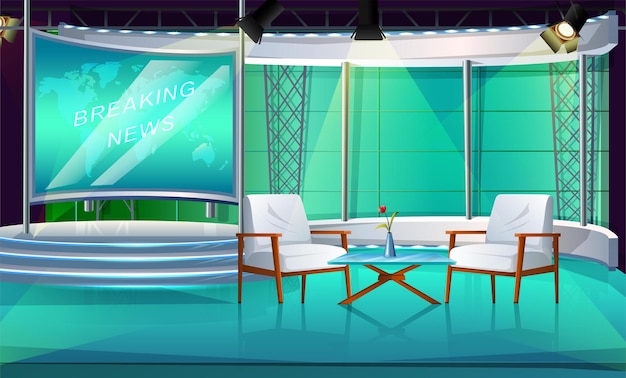 Estudio de programas de televisión con dos sillas y mesa, escenario interior, con dos sillas y pantalla de noticias.