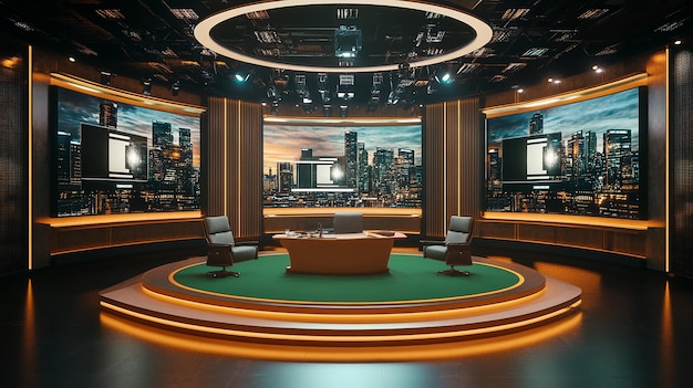 Estudio de set de noticias virtual para imágenes Realice la visión de un estudio profesional Estudio de televisión virtual Fondo de noticias con una configuración simple unos pocos pies cuadrados de espacio y set virtual 3D Rendering