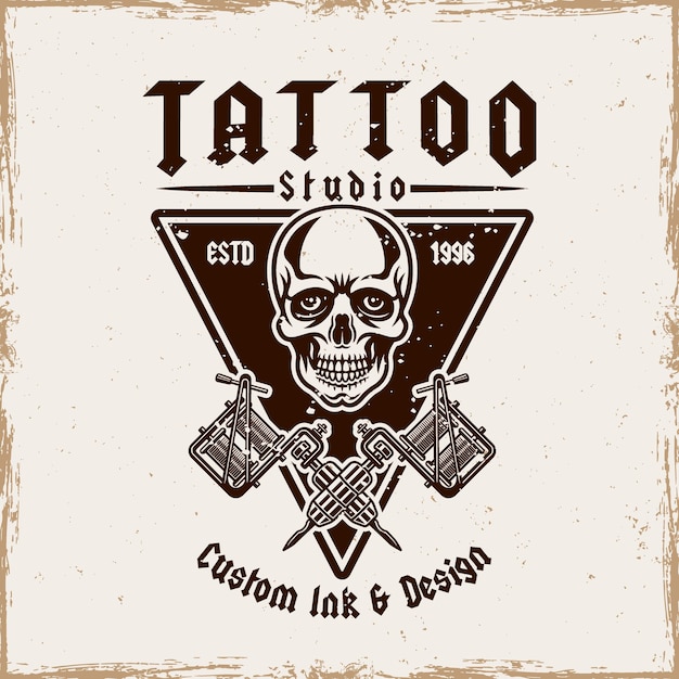 Estudio de tatuajes de estilo vintage emblema vectorial con cráneo y máquina de tatuado Perfecto para emblemas adhesivos de ropa y marcas Diseño audaz y elegante para tatuadores profesionales y entusiastas