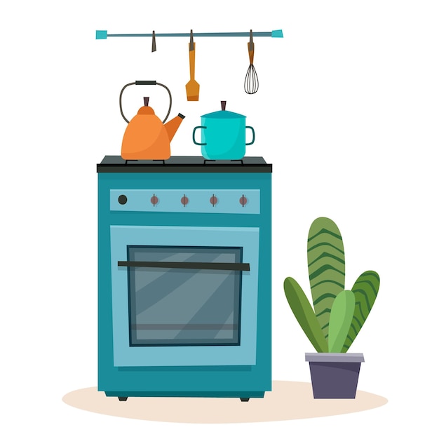 Vector estufa en cocina horno con platos ilustración vectorial