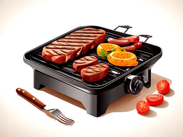 Vector estufa de parrilla aislada con filete y salchicha en fondo blanco vector