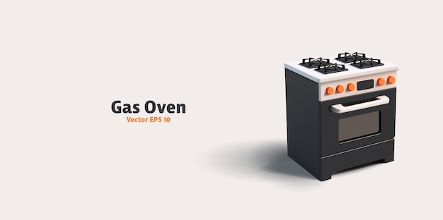 Vector estufas de gas de cocina con horno 3d renderización de dibujos animados detallada icono vectorial equipo doméstico negro calentador de gas