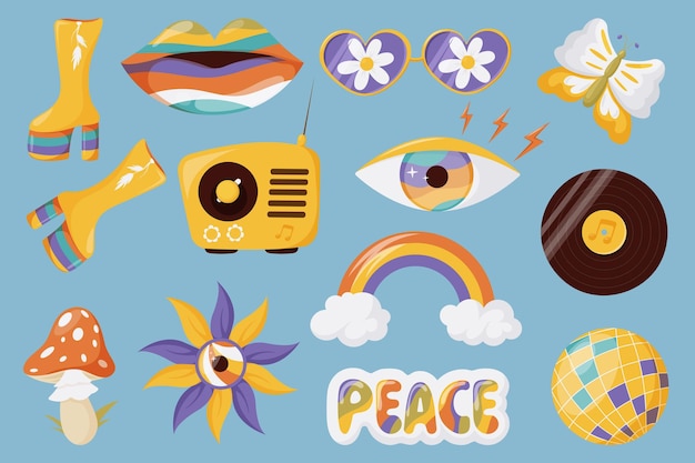 Vector estupendo conjunto hippie de los 70. arco iris con nubes, paz, agárico de mosca, labios, ojo, registro, vector retro de radio