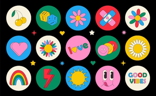 Estupendo conjunto hippie de los 70. Flor de dibujos animados divertidos, arco iris, colección de elementos y2k dibujados a mano de vector libre