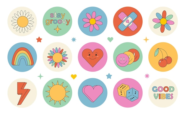 Estupendo conjunto hippie de los 70. Flor de dibujos animados divertidos, arco iris, colección de elementos y2k dibujados a mano de vector libre