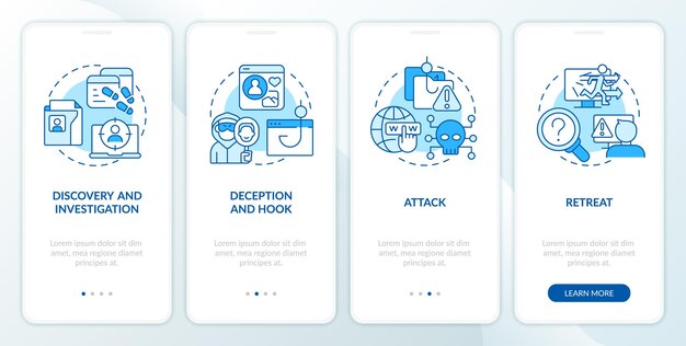 Etapas de ataques de ciberdelincuencia pantalla de aplicación móvil de incorporación azul