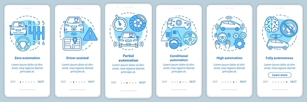 Etapas de automóviles sin conductor que incorporan la pantalla de la página de la aplicación móvil con conceptos lineales. Instrucciones gráficas de los pasos del tutorial de desarrollo del vehículo. UX, UI, plantilla vectorial GUI con ilustraciones
