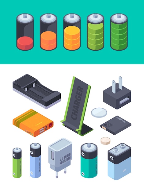 Etapas de carga Niveles de batería para diferentes dispositivos Batería del banco de energía Plantillas isométricas de visualización de vectores llamativos