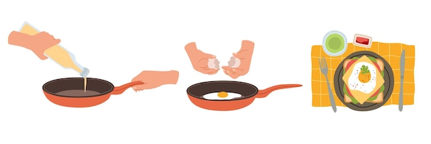 Etapas de cocinar huevos revueltos Las manos femeninas cocinan el desayuno vierte aceite en la sartén rompe el huevo vista superior mañana sabrosa comida saludable Café o restaurante comida vector dibujos animados concepto