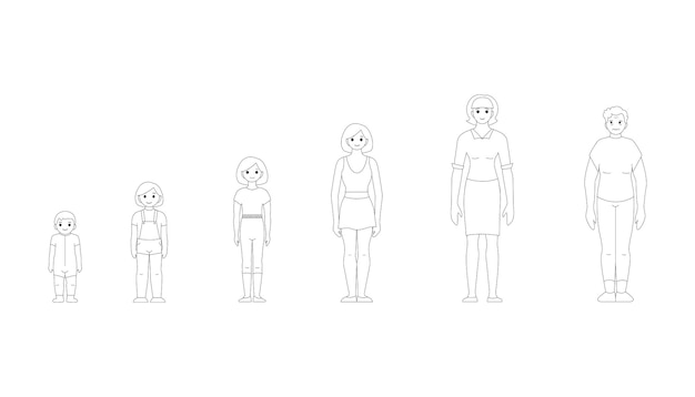 Vector etapas de crecimiento de una niña de bebé a anciano dibujo vectorial en blanco y negro