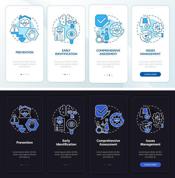 Etapas de cuidados paliativos pantalla de aplicación móvil incorporada en modo día y noche