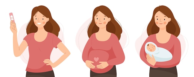 Vector etapas del embarazo: concepción de un niño, embarazo y recién nacido. embarazo saludable y feliz