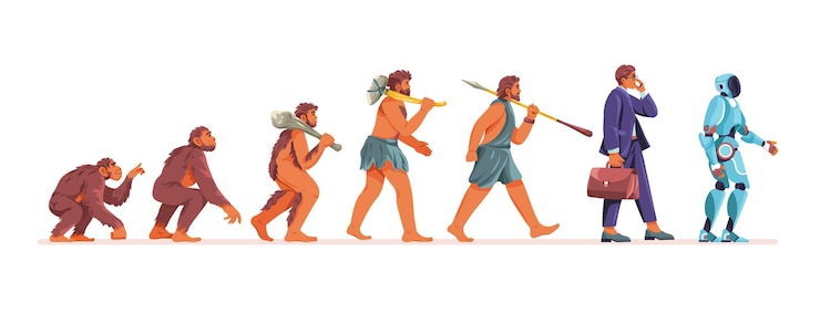 Vector etapas de la evolución humana homo sapiens progresión mono antepasado humano al futuro hombre de negocios o cyborg neandertal hombre de las cavernas temprano y hombre moderno dibujos animados reciente ilustración vectorial