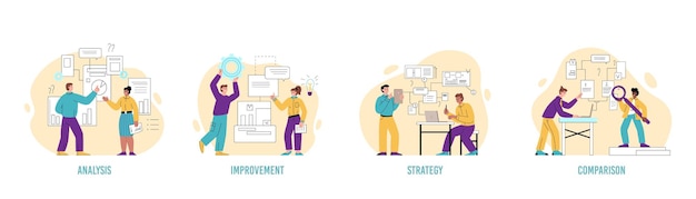 Etapas de tecnología de negocios de evaluación comparativa establecer ilustración de vector plano aislado
