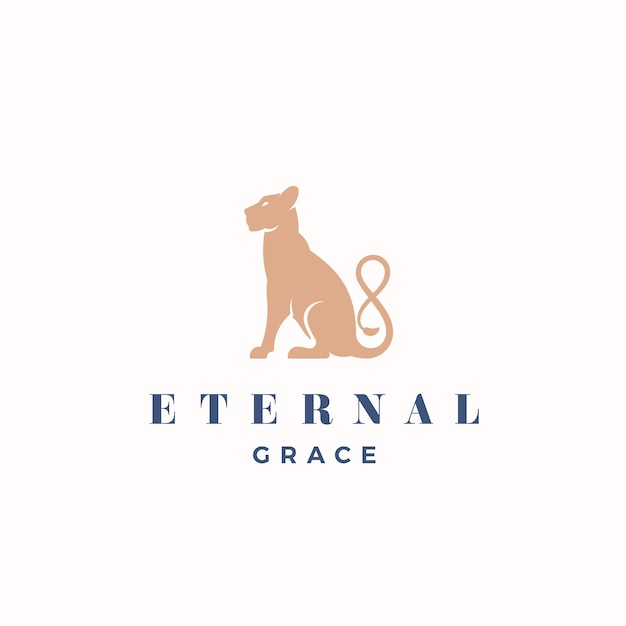 Eternal grace abstract vector sign emblem o logo template gracefull sitting lioness silhouette con el símbolo de infinito cola aislada