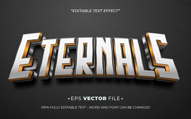 Eternals efecto de texto plateado y dorado 3d vector editable realista