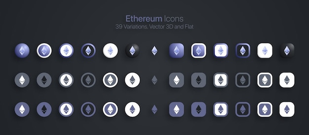 Ethereum Crypto Currency 3D y íconos planos establecen el vector aislado en el fondo