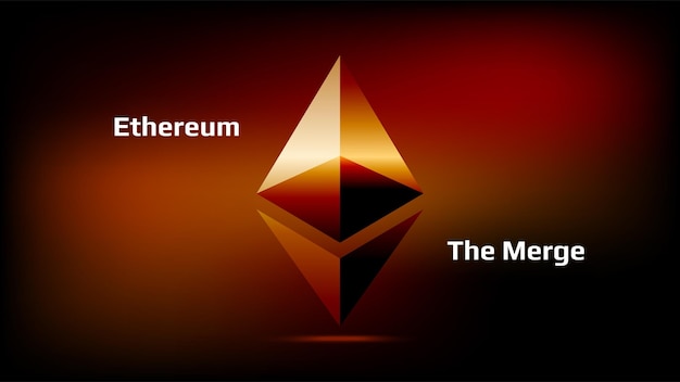 Ethereum the merge system eth símbolo dorado sobre fondo rojo oscuro ethereum eth se fusionará con beacon chain sistema de prueba de participación pos vector