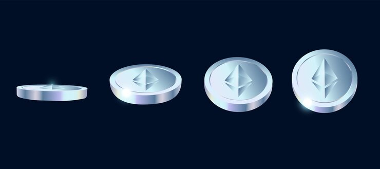 Vector ethereum volando monedas en diferentes ángulos.