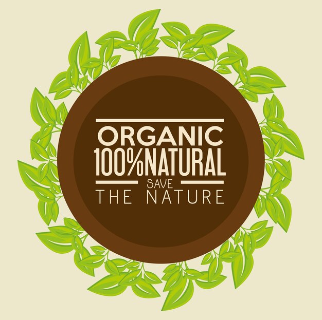 Etiqueta 100 por ciento natural con hojas verdes sobre fondo beige. ilustración vectorial