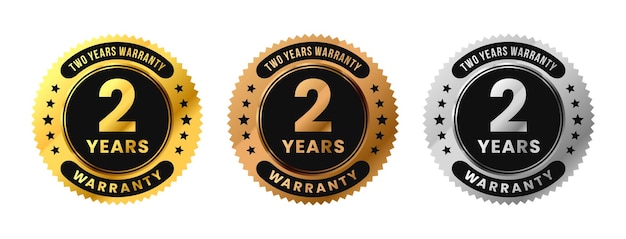 Vector etiqueta 2 años de garantía en oro, plata, bronce y diseño de lujo premium 2 años de garantia vector